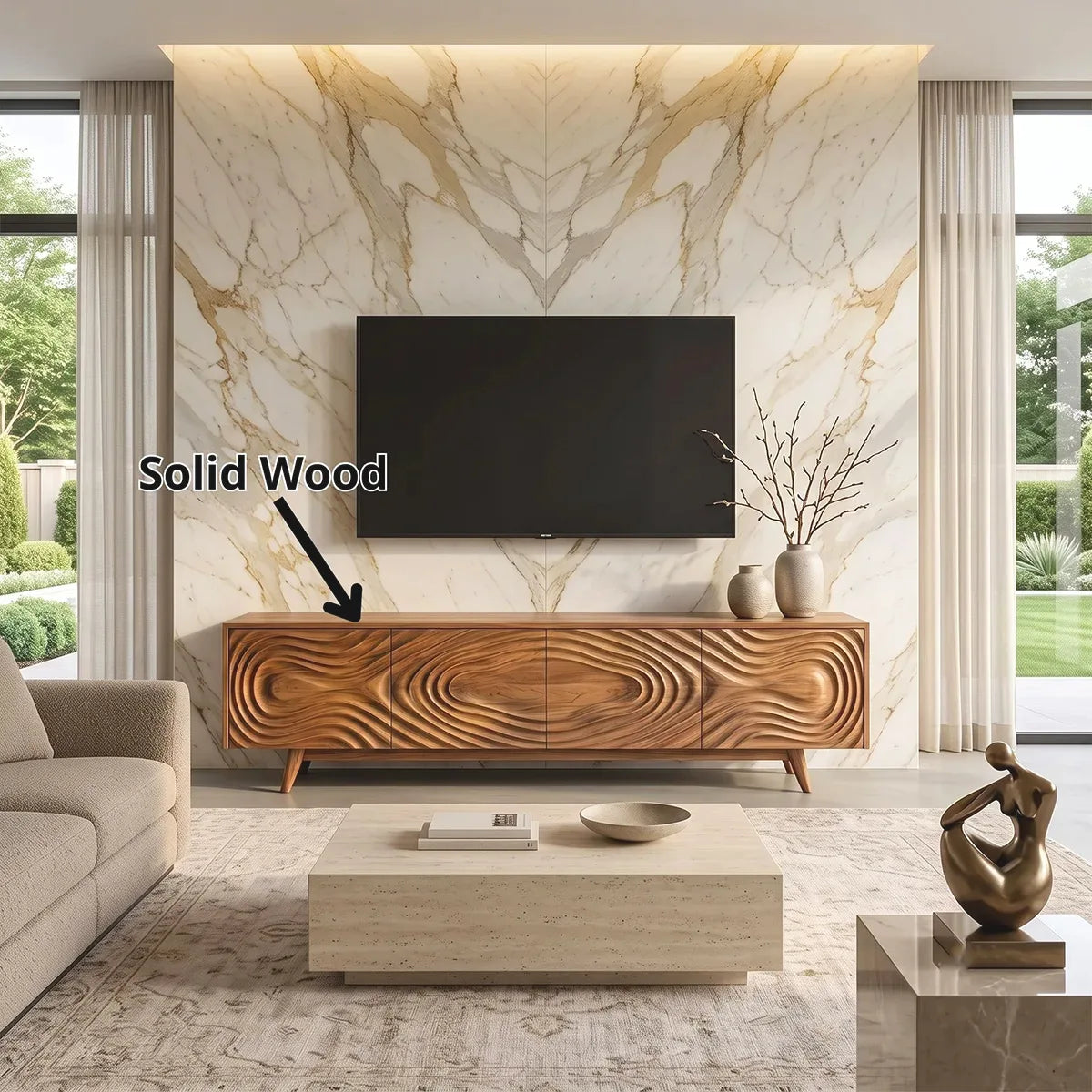 Topographic Relief TV Stand with Dual Cabinets & Center Drawers | Modern Media Console TH003-1QEW8AF