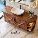 Sculptural Floating Bathroom Vanity with Artistic Wave Front & Open Side Shelves