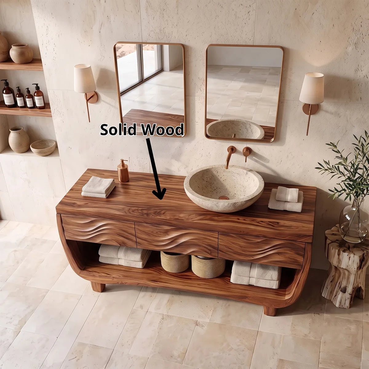 Sculptural Bathroom Vanity with Carved Wave Drawers & Open Storage Shelf