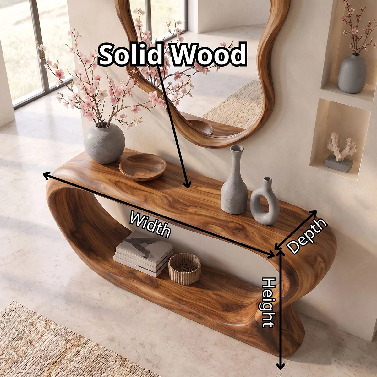 Organic Modern Console Table with Open Shelf & Sculptural Curved Frame for Entryway TT006-6916