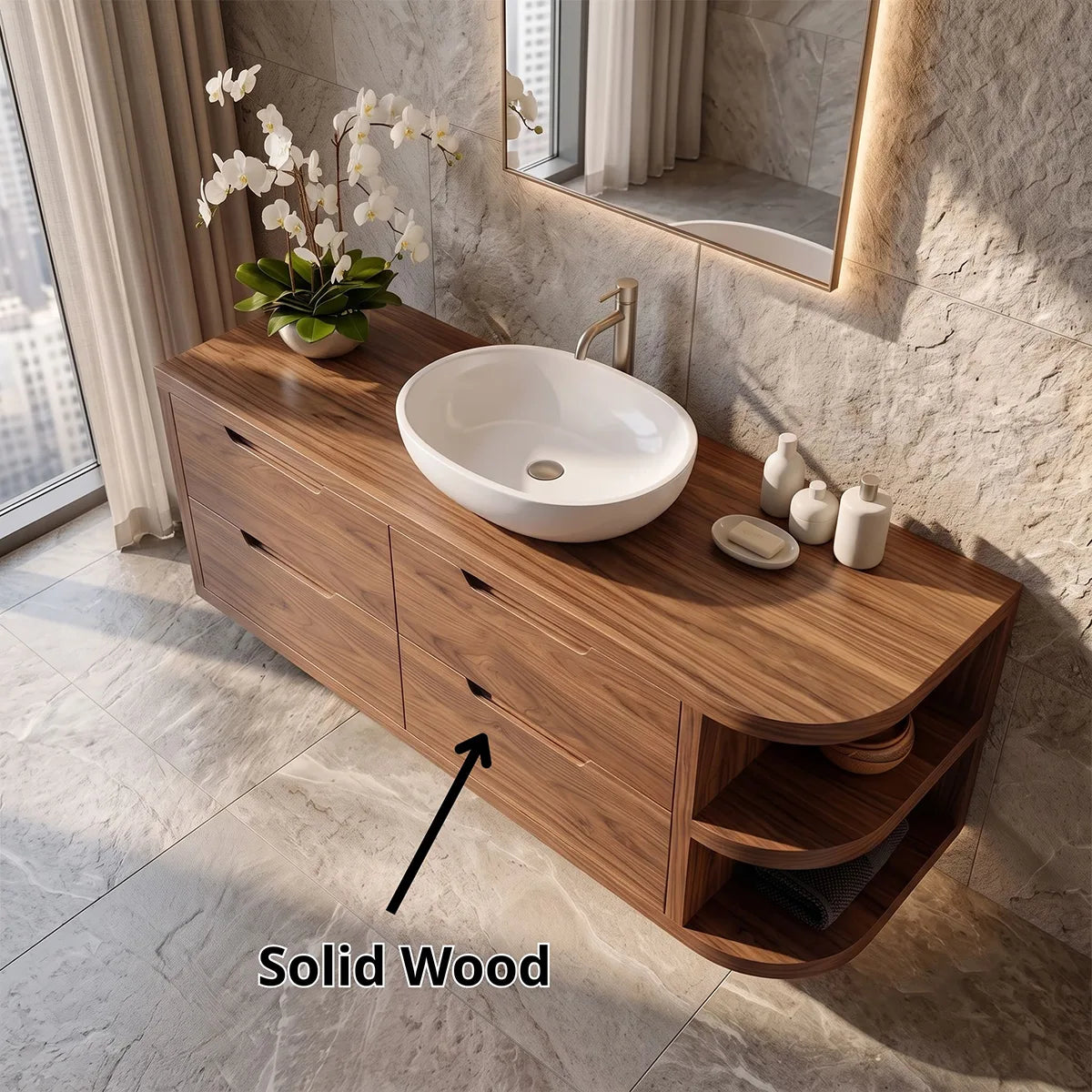 Floating Bathroom Vanity with 4 Drawers & Open Shelves | Modern Wall Mounted Vanity