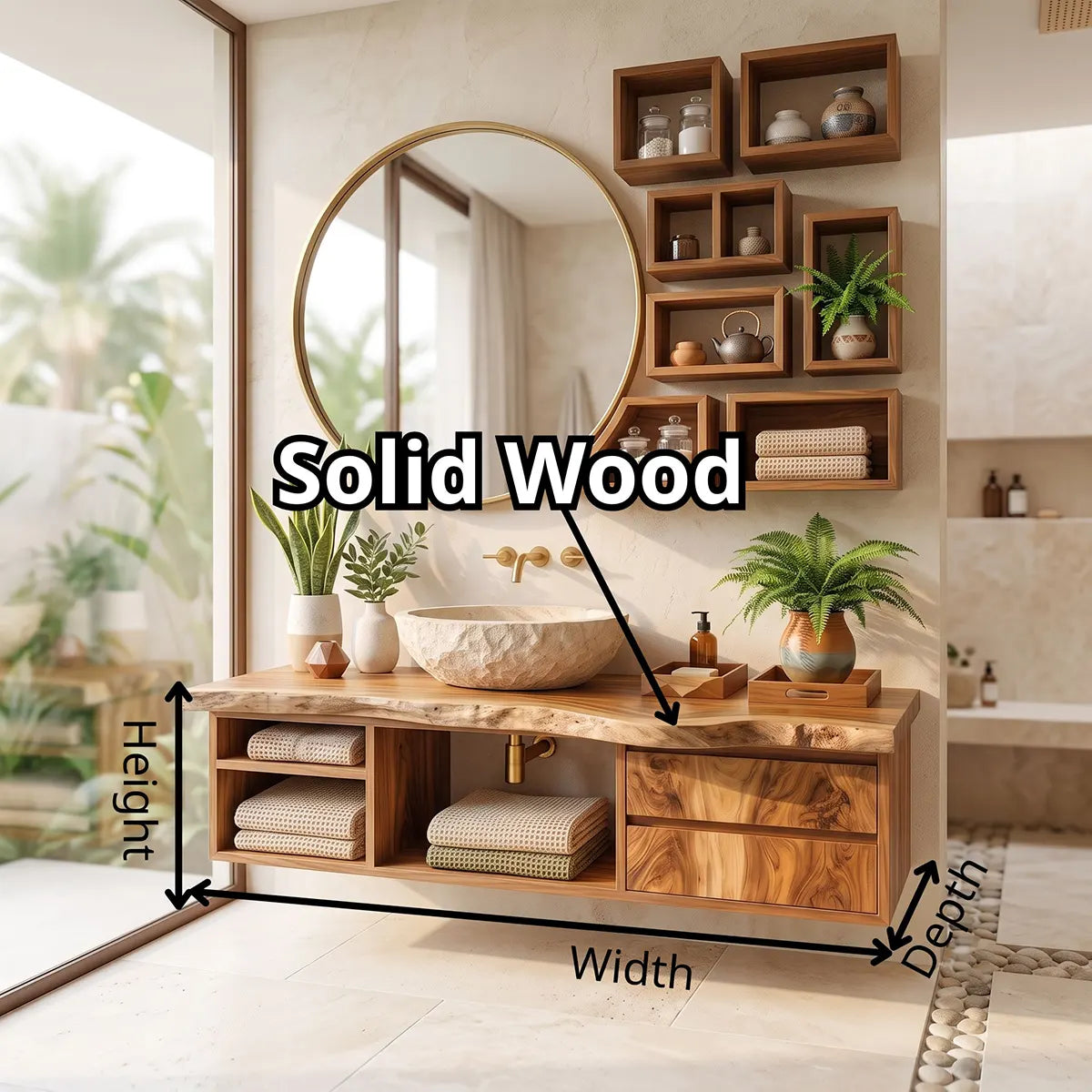 Floating Live Edge Bathroom Vanity with Storage Cubbies & Drawers | Solid Wood Wall Mounted Bathroom Vanity TT006-6OOZ2DD