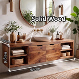 Floating Solid Wood Bathroom Vanity | Wall Mounted Single Sink Vanity with Double-Door Cabinet & Open Shelves TT006-9KLL6LF