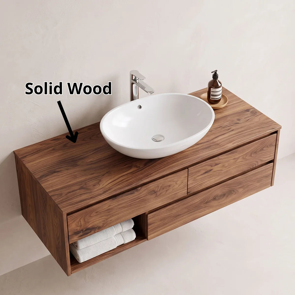 Modern Floating Bathroom Vanity with 3 Drawers & Open Storage Shelf