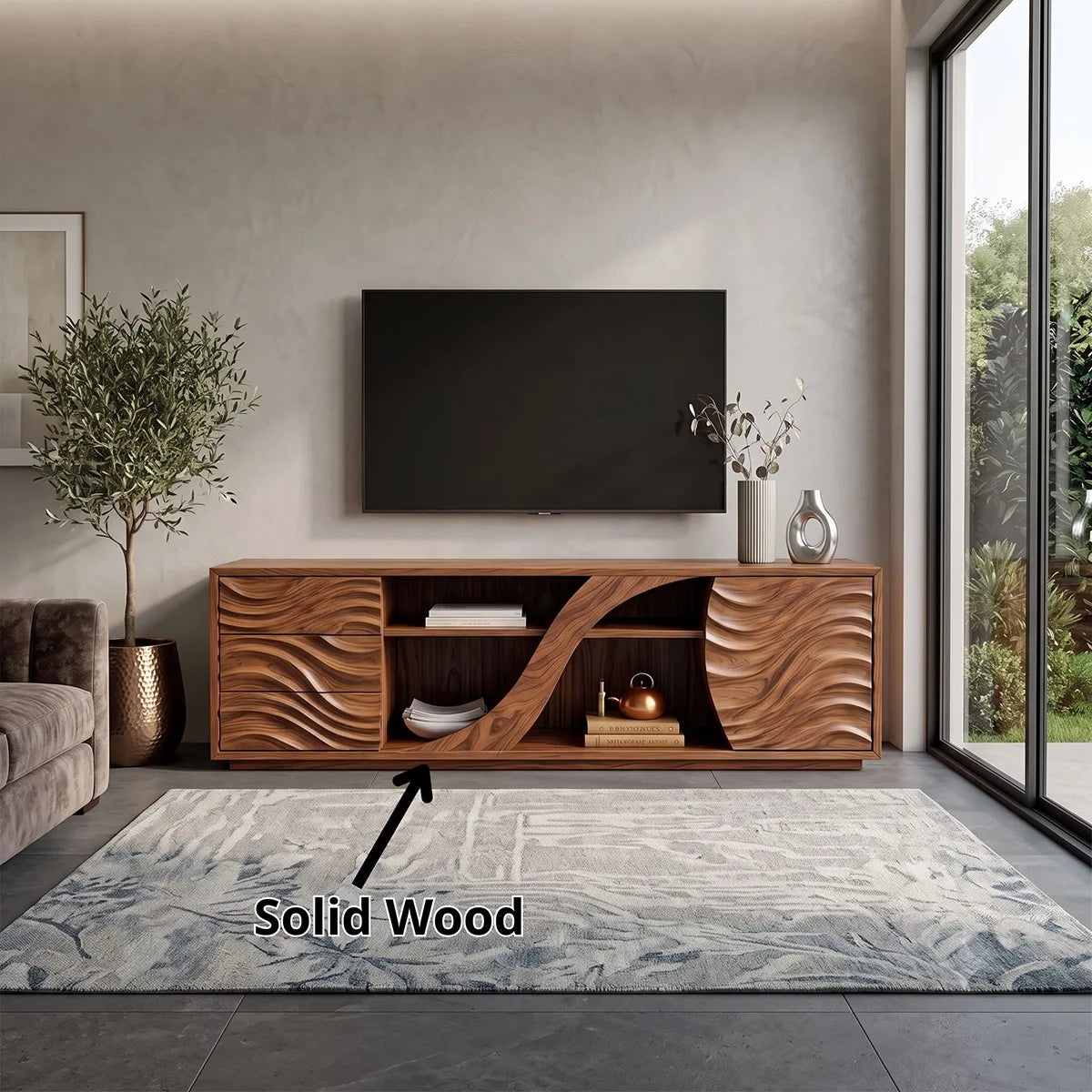 Wave Carved TV Stand with Drawers & Cabinet | Sculptural Media Console TH003-4MXF2YH