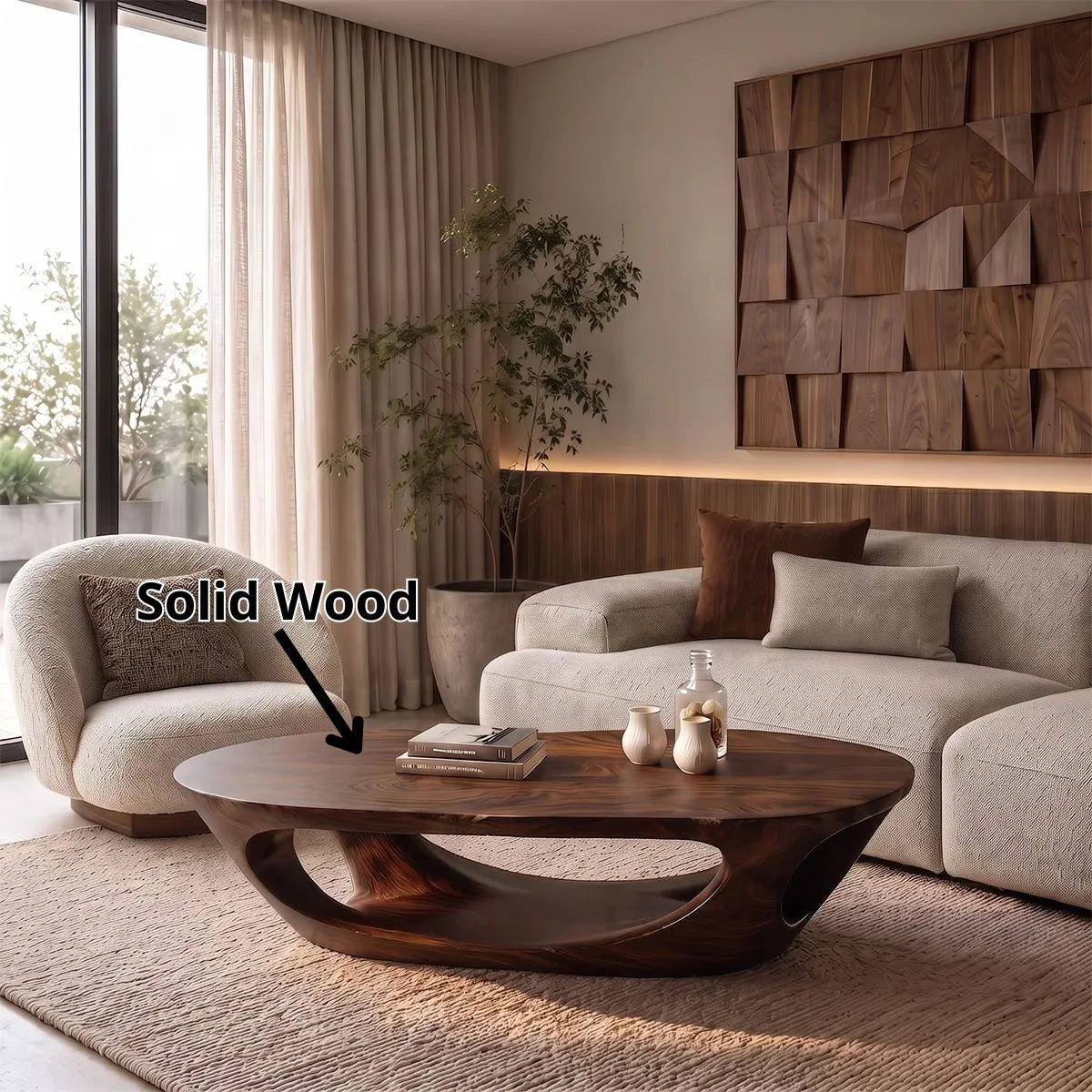 Sculptural Organic Coffee Table with Open Shelf | Modern Curved Living Room Center Table