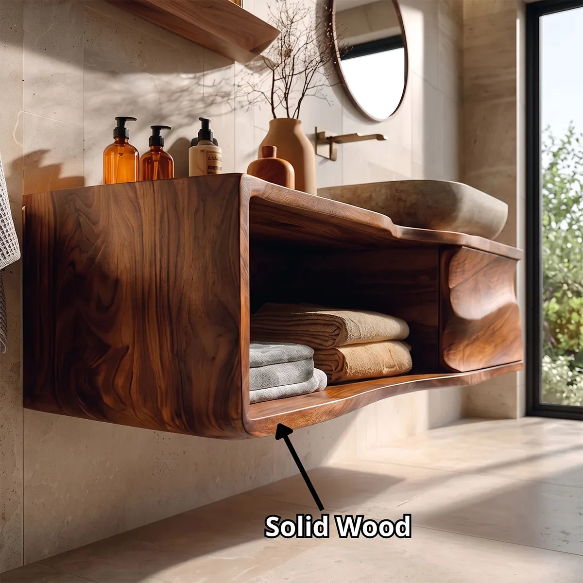 Floating Bathroom Vanity with Sculpted Cabinet & Open Shelf | Modern Wall Mounted Vanity