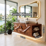 Floating Solid Wood Bathroom Vanity with Double-Door Cabinet & Open Shelves | Wall Mounted Bathroom Vanity with Fixed Storage TT006-9IGM7UG
