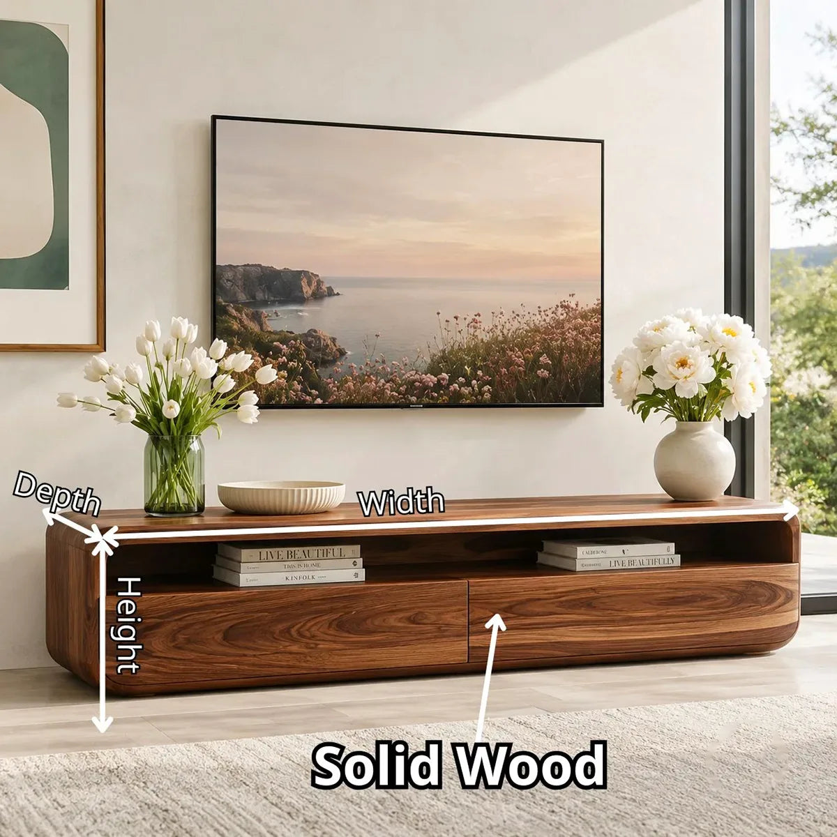 Modern TV Stand with Open Shelf & 2 Large Drawers | Minimalist Media Console TT006-2PMS8ZG