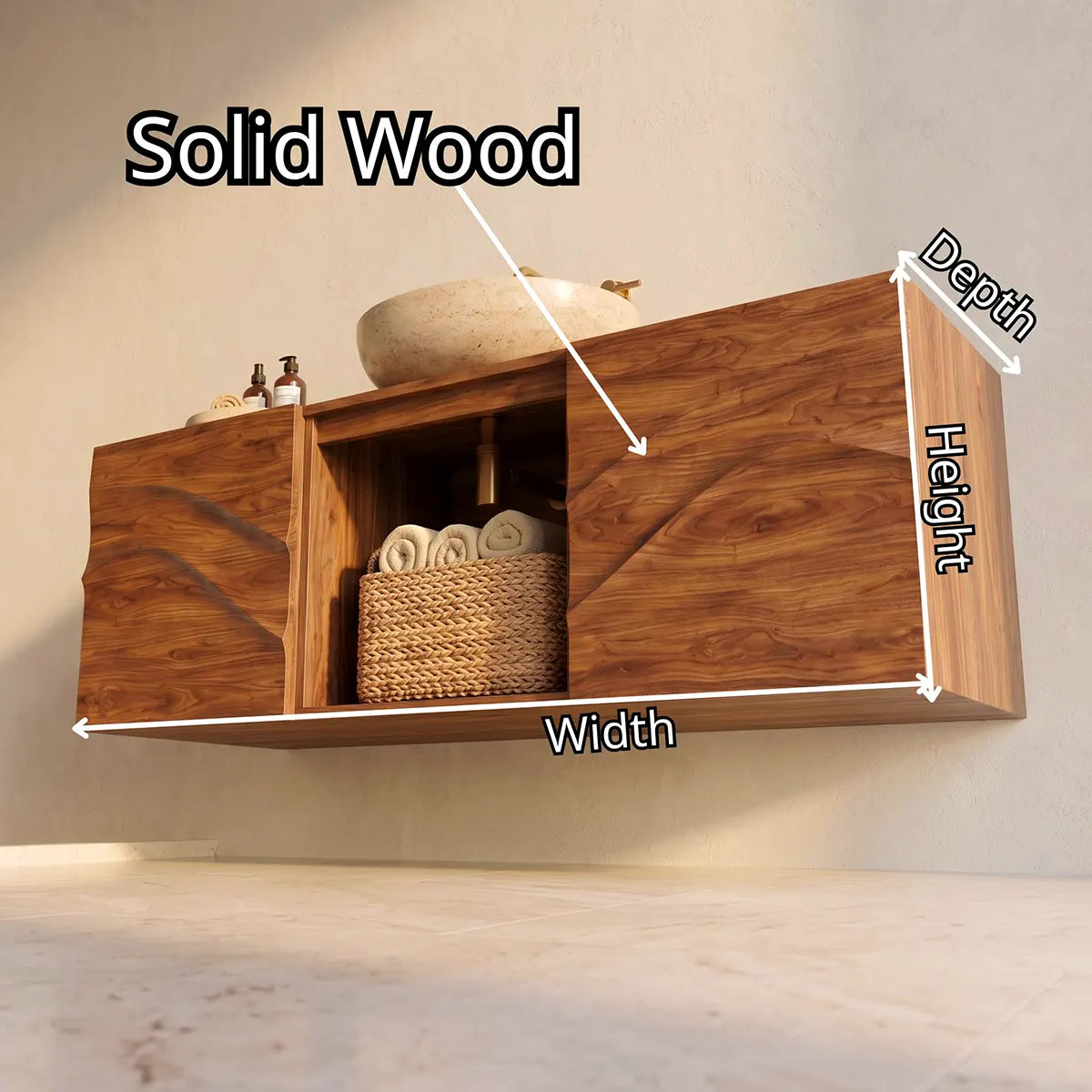 Floating Bathroom Vanity with 2 Sculpted Wave Doors & Center Open Storage Compartment