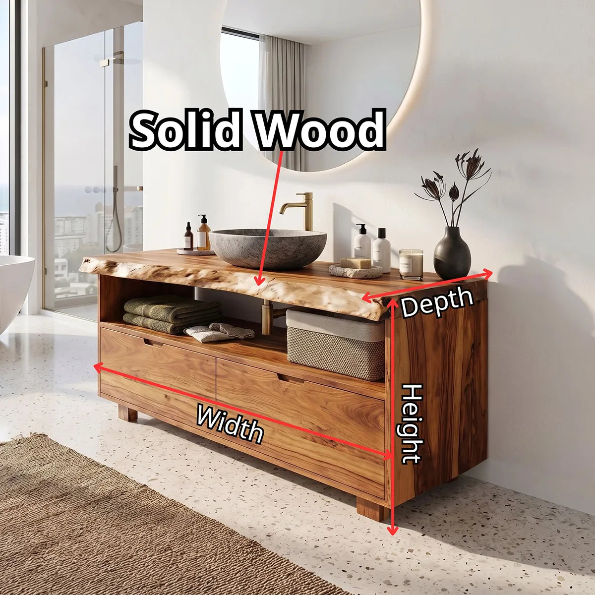 Freestanding Bathroom Vanity with 2 Drawers & Open Shelf | Live Edge Modern Organic Design