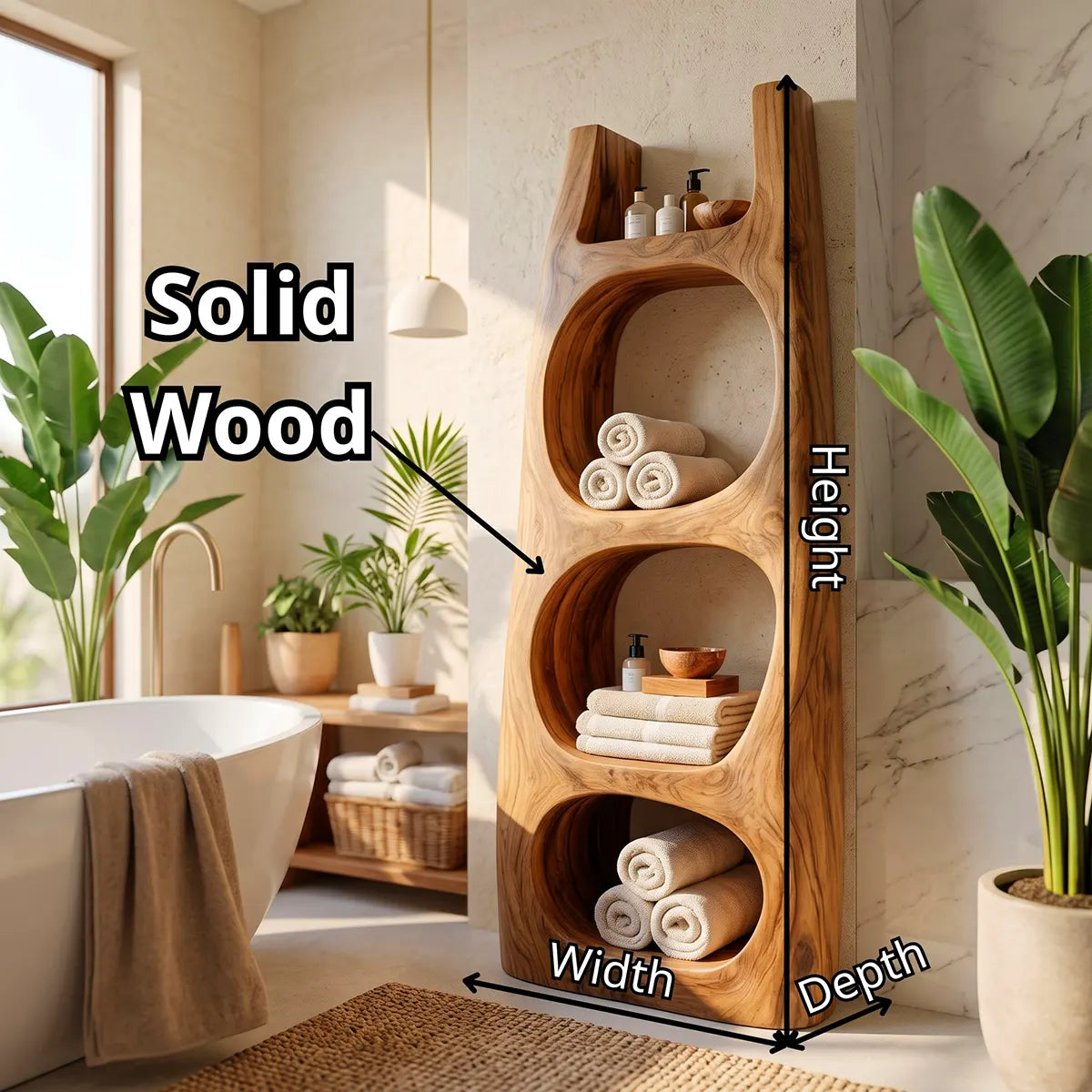 Tall Bathroom Storage Cabinet with Open Compartments & Top Shelf | Sculptural Organic Design