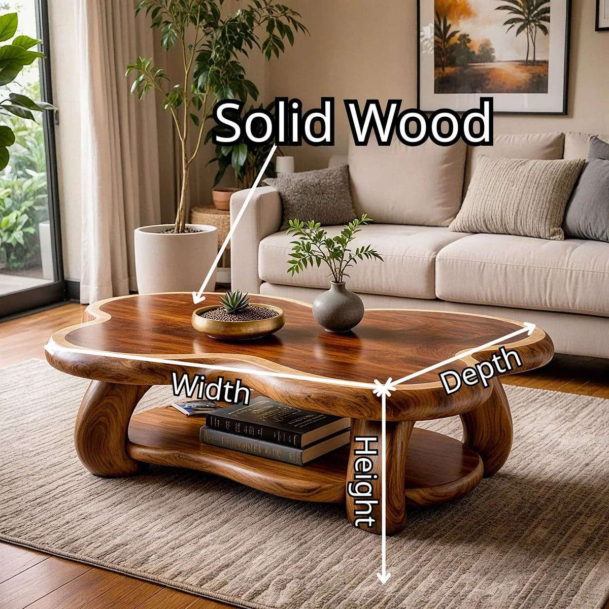 Organic Solid Wood Coffee Table with Storage Shelf | Freeform Modern Center Table TT006-7456