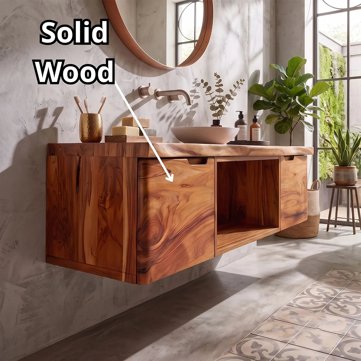 Floating Solid Wood Bathroom Vanity | Live Edge Bathroom Vanity with Double Door Storage and Open Shelf TT006-5OZQ9AW