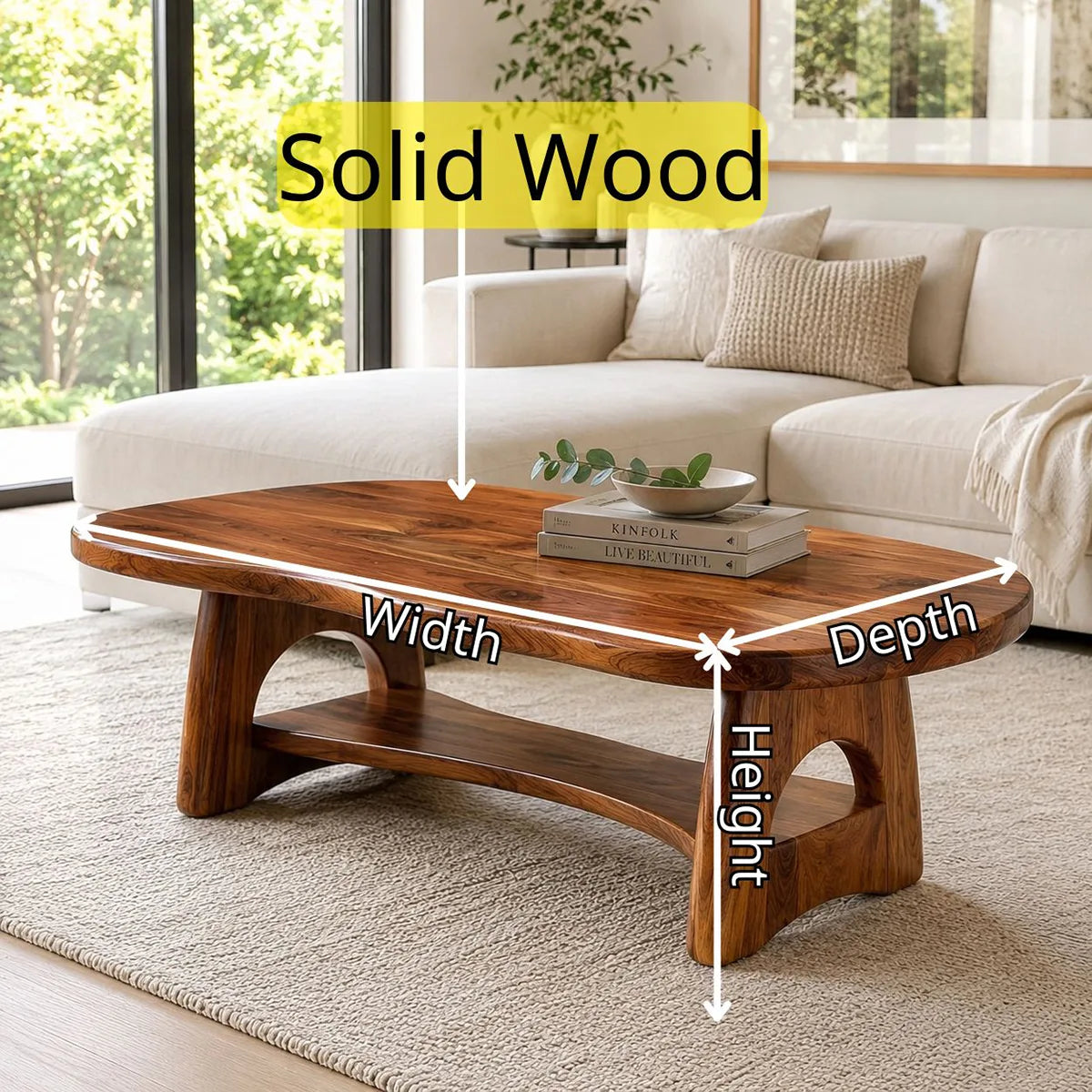 Organic Solid Wood Coffee Table with Storage Shelf | Modern Living Room Center Table TT006-4423