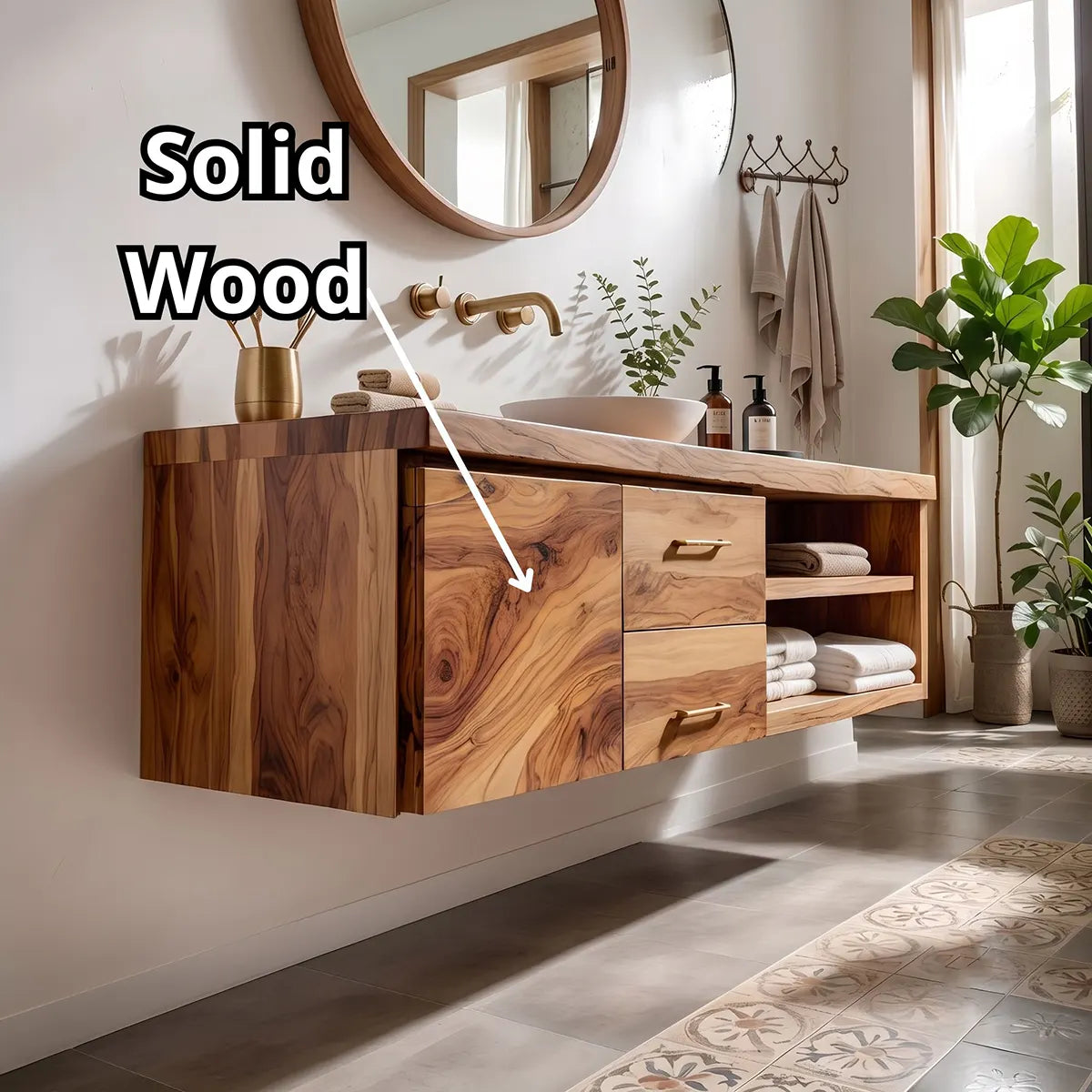 Floating Solid Wood Bathroom Vanity | Live Edge Wood Vanity with Soft-Close Drawers & Open Shelves TT006-1WVD8ID