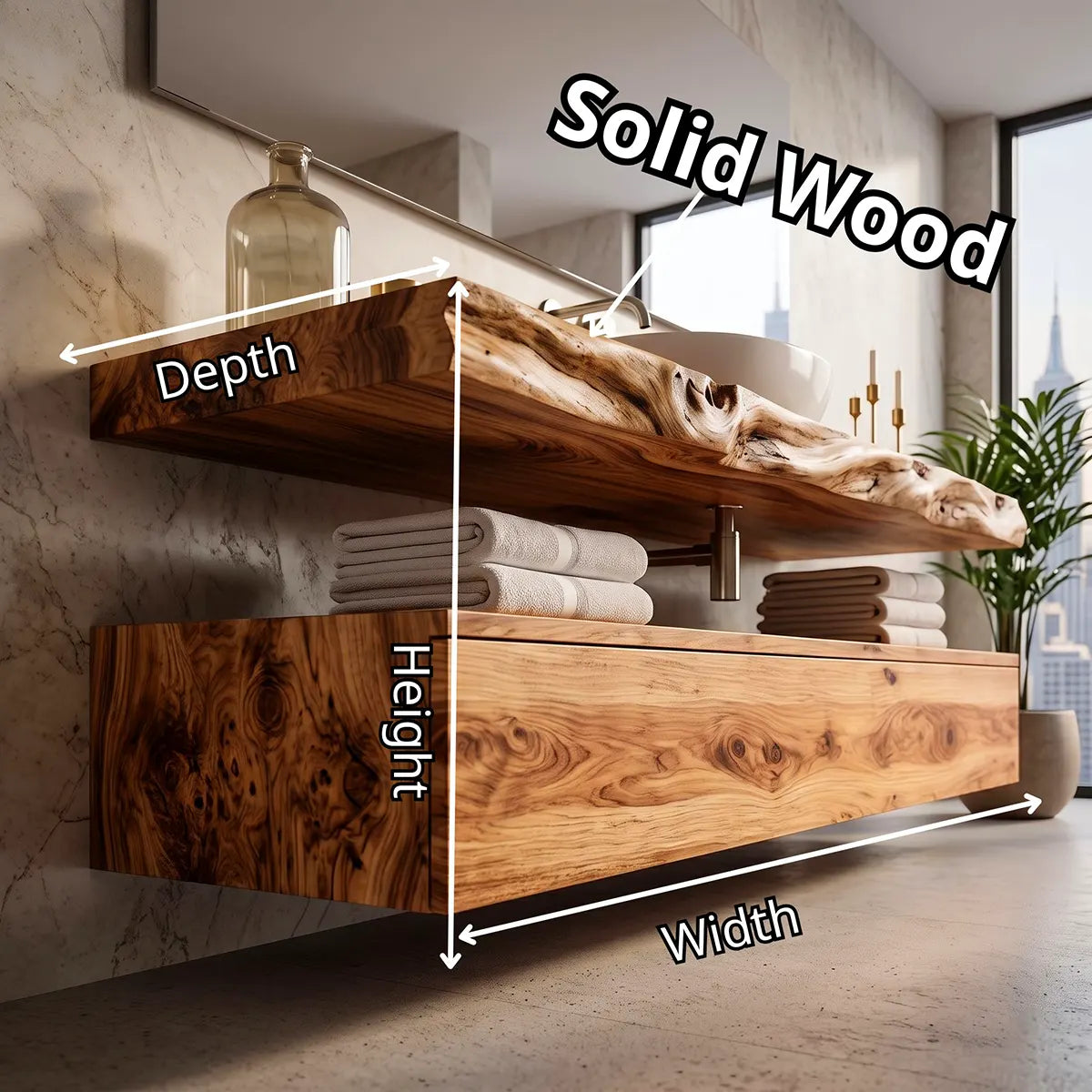 Floating Bathroom Vanity with Large Drawer & Open Shelf | Live Edge Organic Modern Design