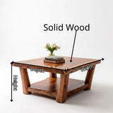 Solid Wood Square Coffee Table | Modern Rustic Coffee Table with Storage Shelf TT006-4921