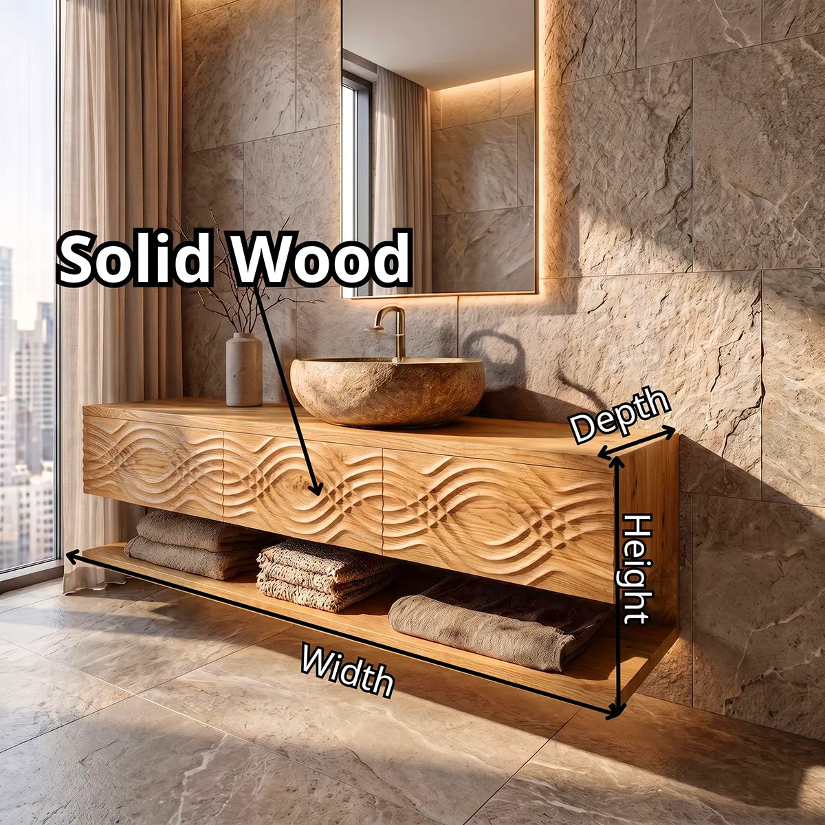 Floating Bathroom Vanity with 3 Drawers & Open Shelf | Carved Wave Front Modern Design