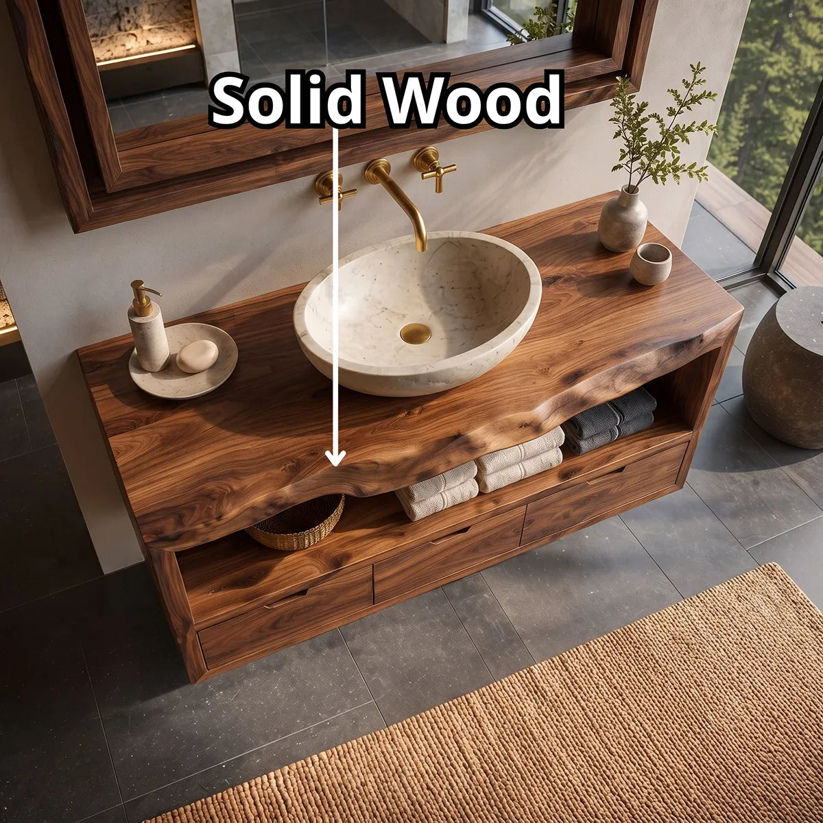 Floating Solid Wood Bathroom Vanity | Live Edge Bathroom Vanity with Three Soft-Close Drawers and Open Shelf TT006-3KMK1JL