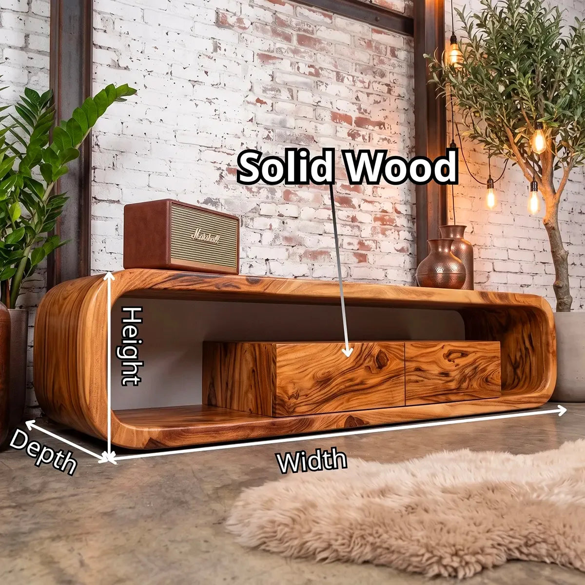 Modern Curved TV Stand with 2 Drawers & Open Storage | Low Profile Media Console