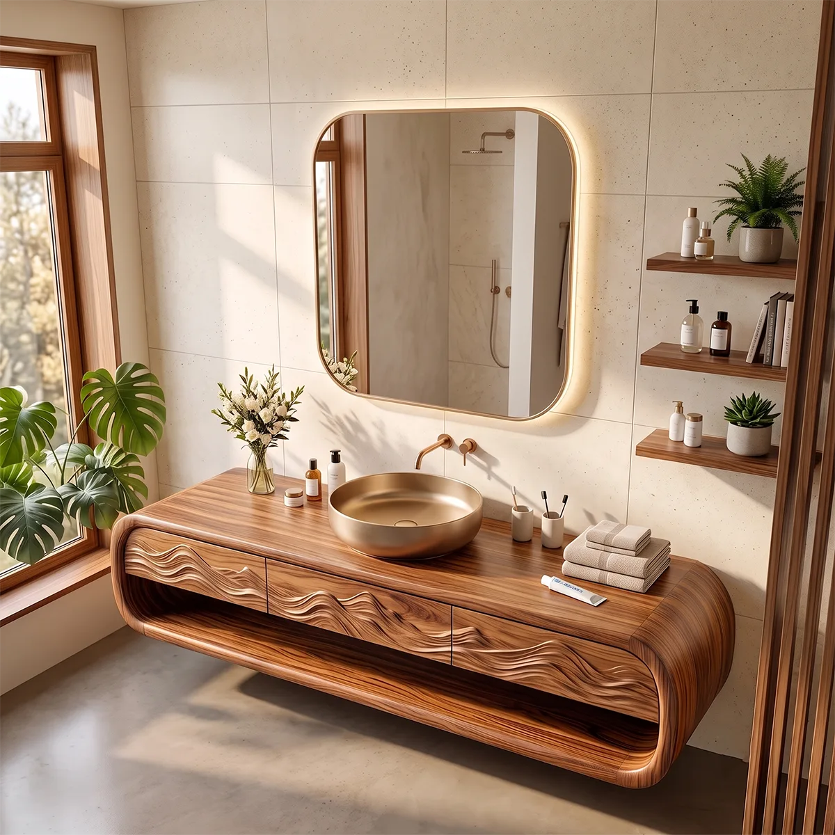 Modern Floating Bathroom Vanity with Drawers, Open Shelf & Curved Waterfall Design TH003-3PJG6FT