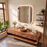 Modern Floating Bathroom Vanity with Drawers, Open Shelf & Curved Waterfall Design TH003-3PJG6FT