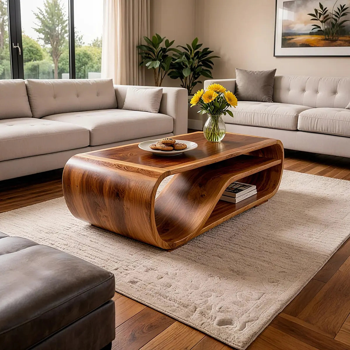Curved Solid Wood Coffee Table with Storage | Modern Sculptural Living Room Center Table TT006-2757