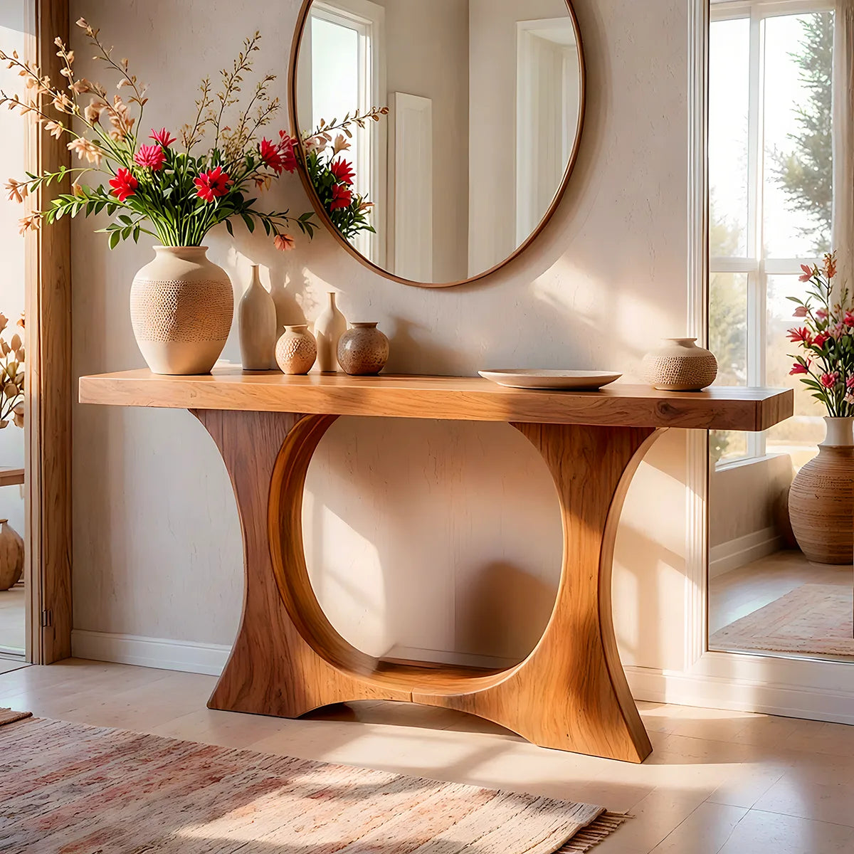 Modern Wooden Console Table with Sculptural Circular Base for Entryway & Hallway TT006-5238
