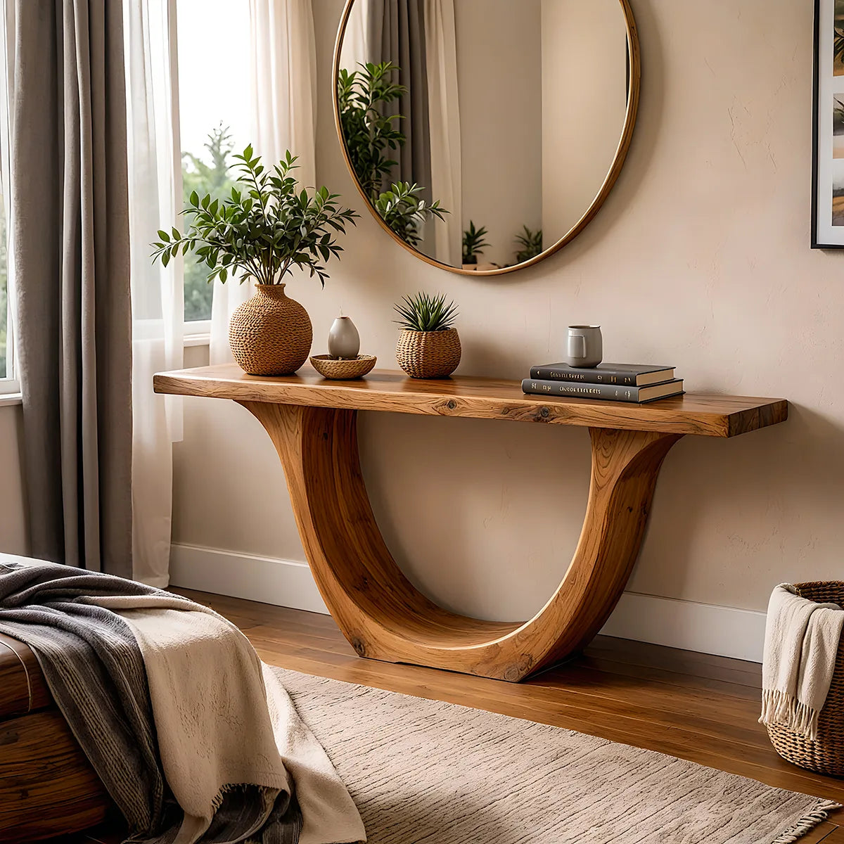 Modern Wooden Console Table with Sculptural Curved U-Base for Entryway & Hallway TT006-2563