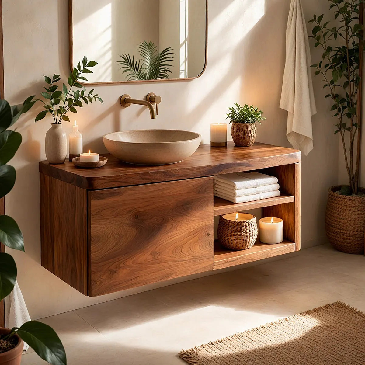 Floating Solid Wood Bathroom Vanity with Single-Door Cabinet & Open Shelves | Wall Mounted Bathroom Vanity with Fixed Storage TT006-5WWS2ST