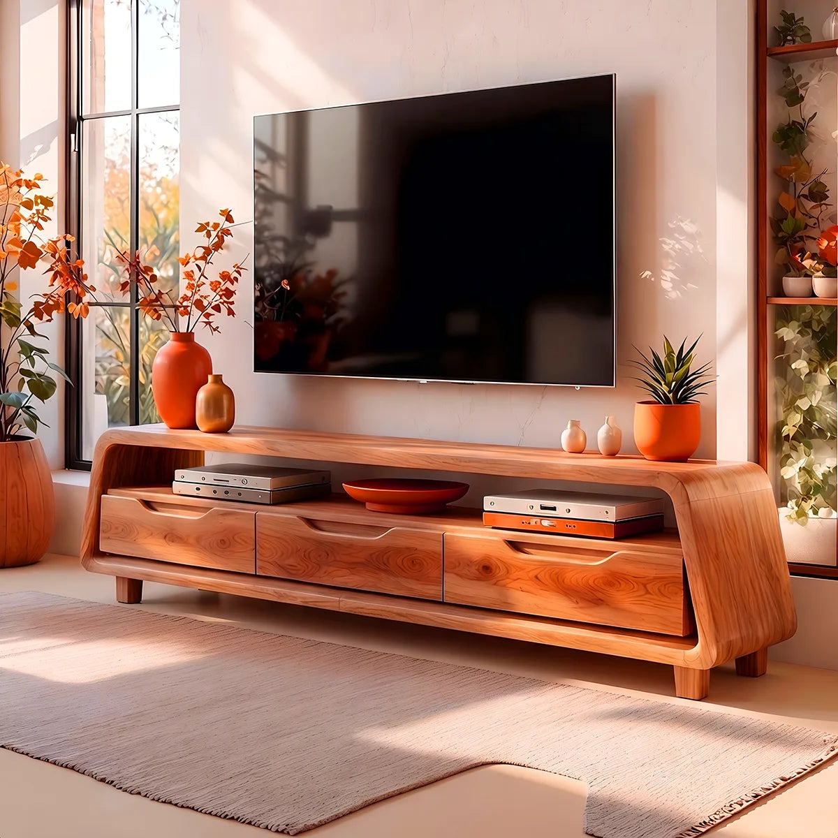 Modern Curved TV Stand with 3 Drawers & Long Open Media Shelf