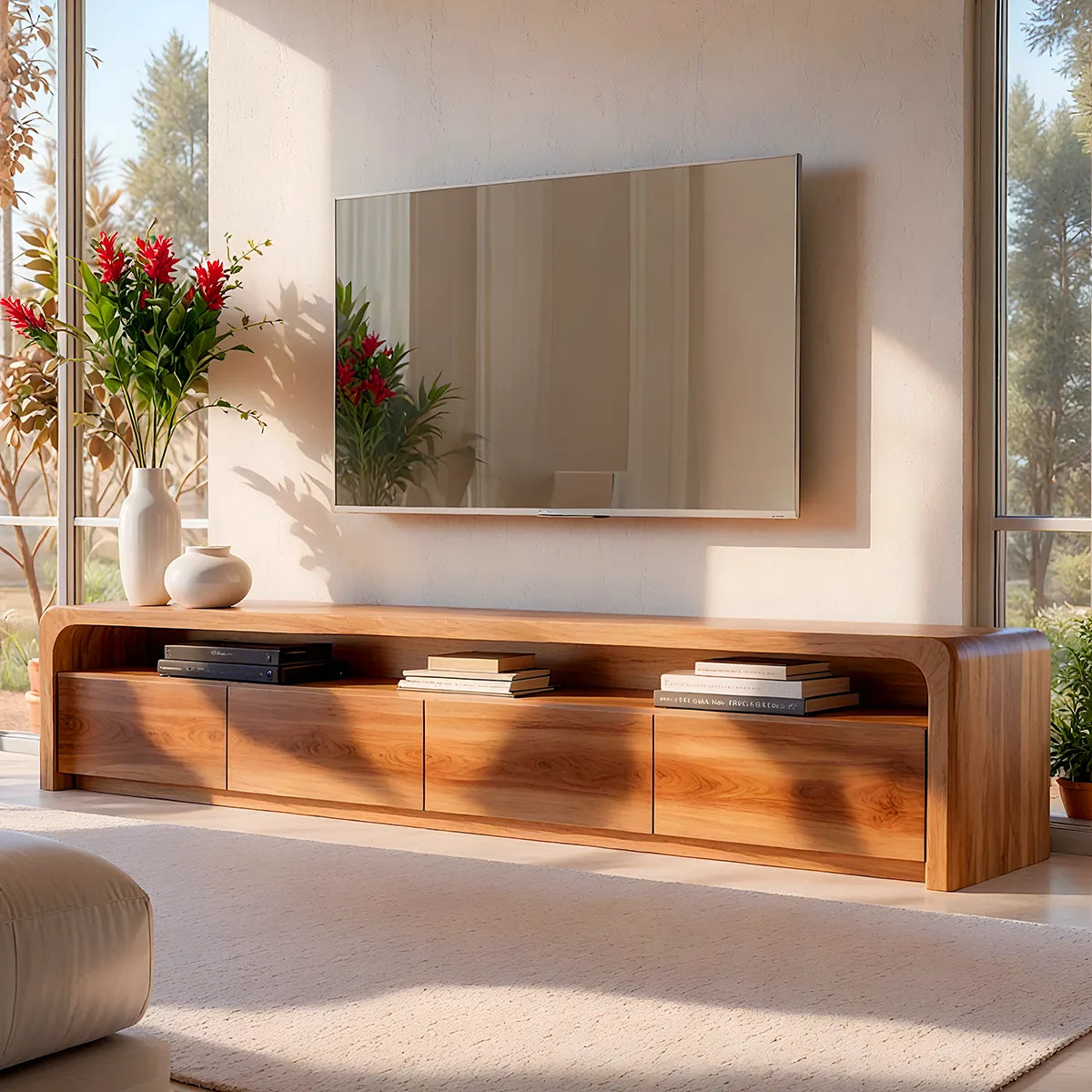 Modern TV Stand with 4 Enclosed Storage Compartments & Long Open Shelf