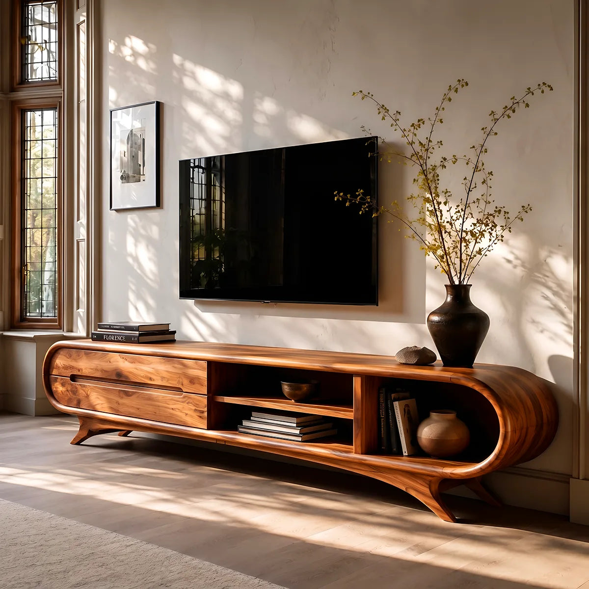 Modern Curved TV Stand with 2 Drawers & 3 Open Storage Areas | Sculptural Media Console