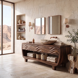 Sculptural Bathroom Vanity with Carved Wave Drawers & Open Storage Shelf