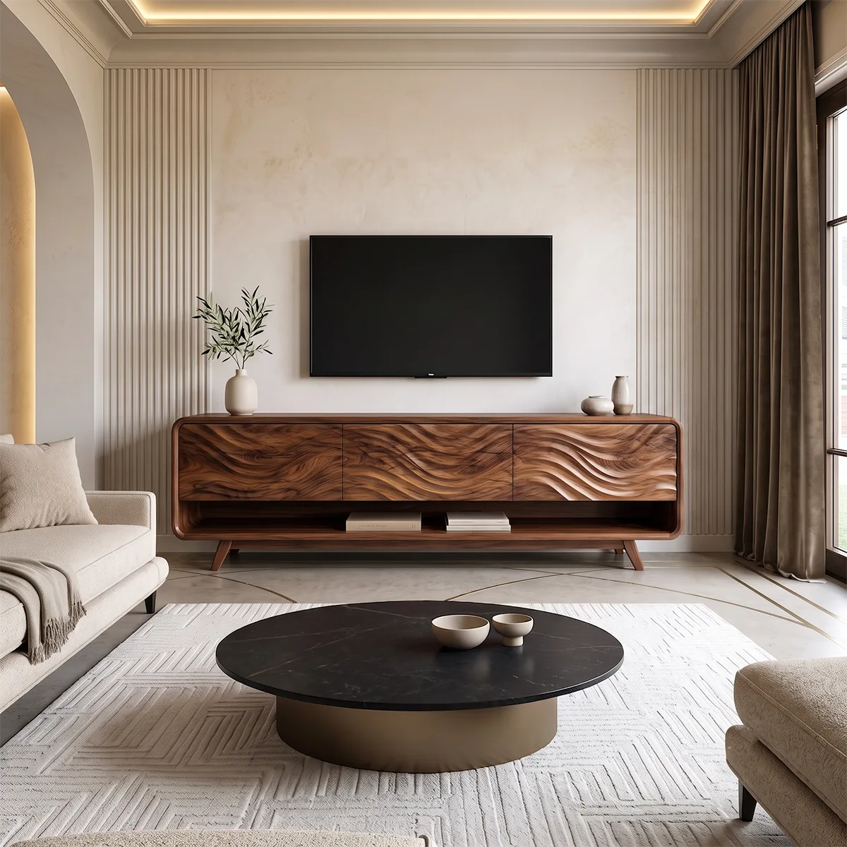 Wave Carved TV Stand with 3 Drawers & Open Shelf | Modern Media Console TH003-7KHK3MC