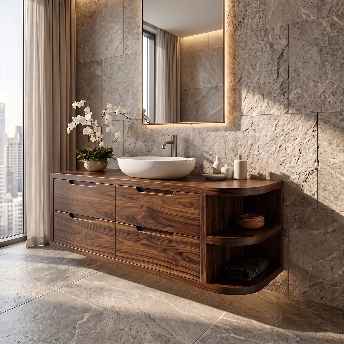 Floating Bathroom Vanity with 4 Drawers & Open Shelves | Modern Wall Mounted Vanity
