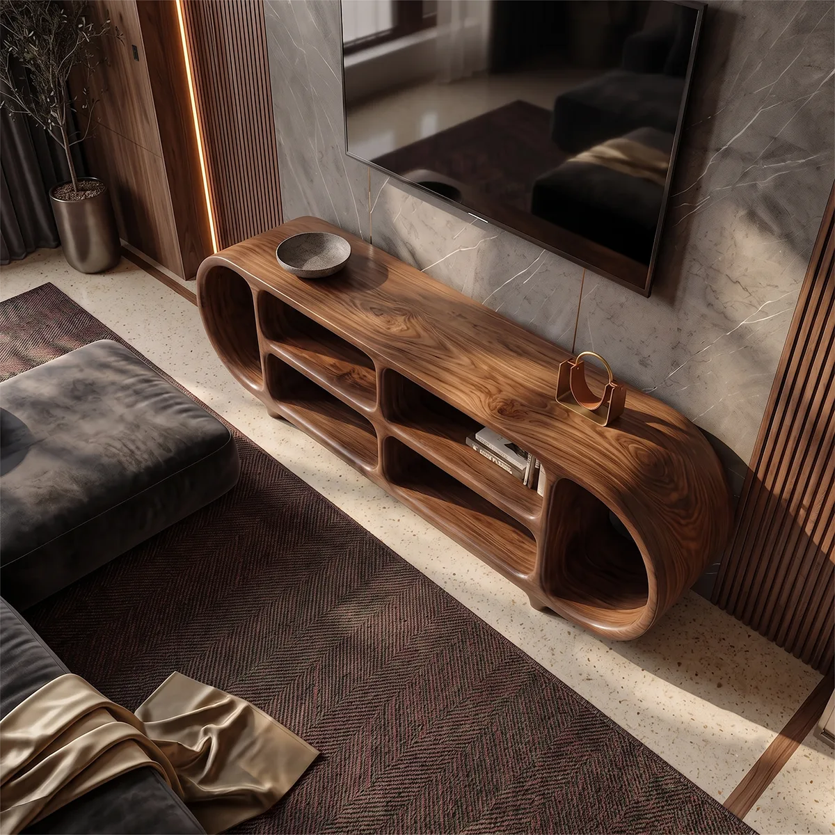 Sculptural TV Stand with Open Shelves | Organic Modern Media Console TH003-2CWG4EI