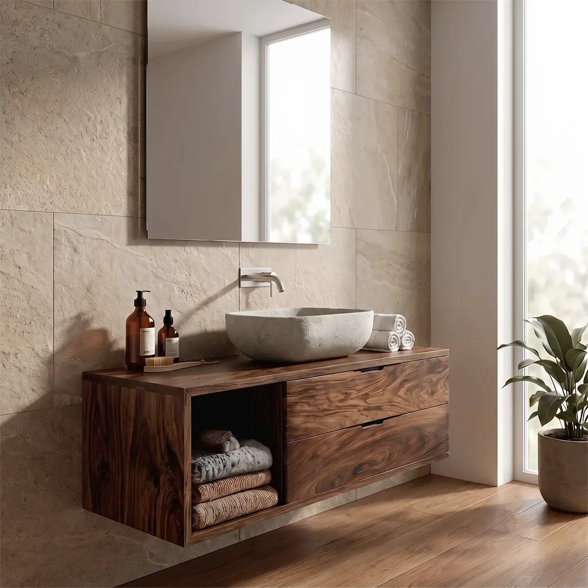 Floating Bathroom Vanity with 2 Drawers & Open Shelf | Modern Wall Mounted Vanity