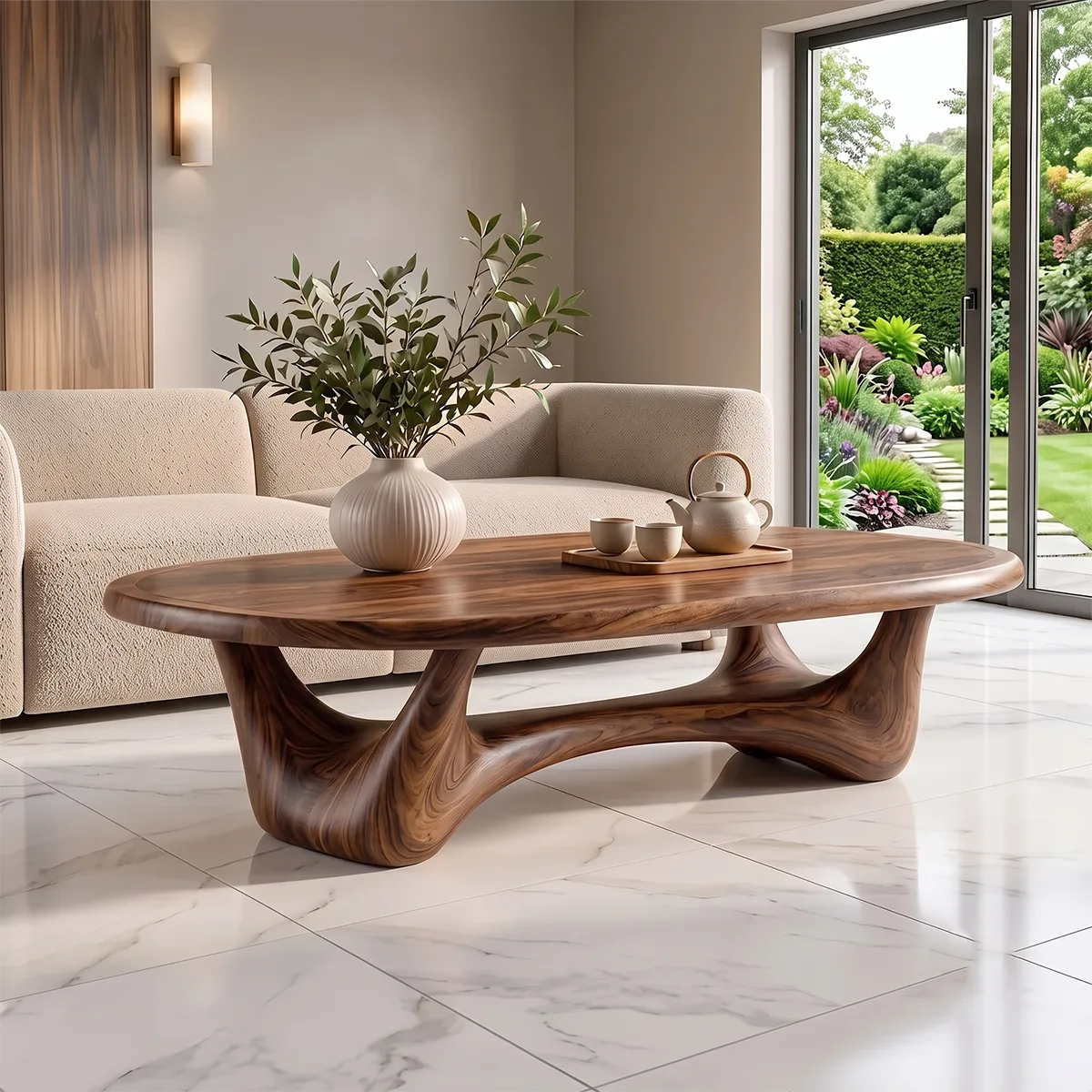 Modern Oval Coffee Table with Sculptural Open Base | Organic Contemporary Center Table for Living Room TH003-9564