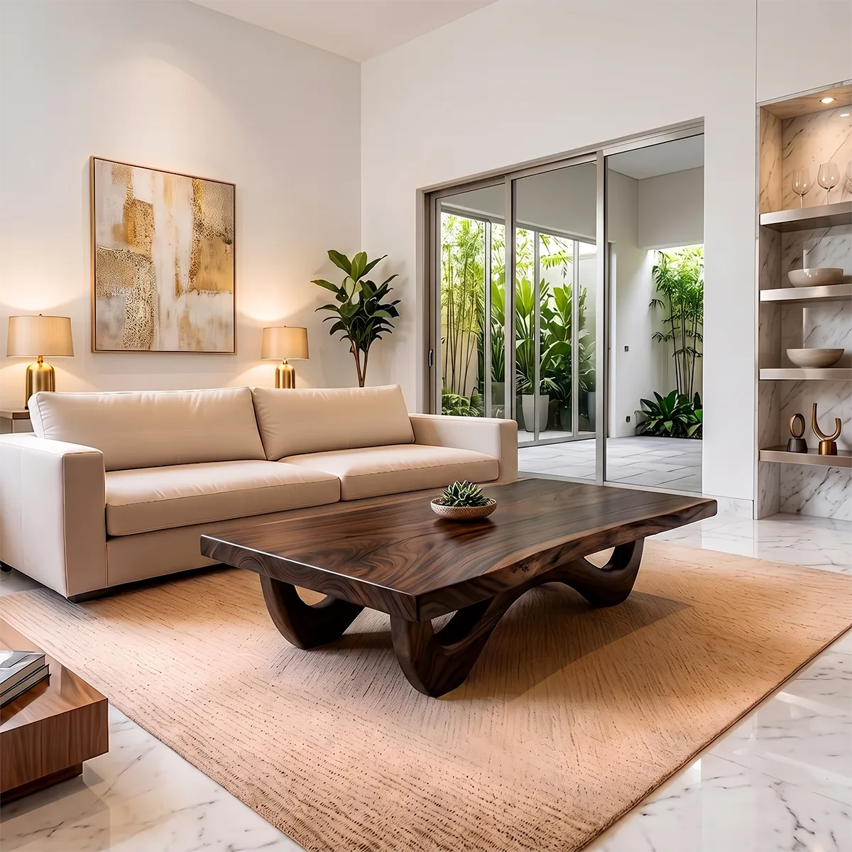 Sculptural Rectangular Coffee Table with Curved Base | Organic Modern Center Table