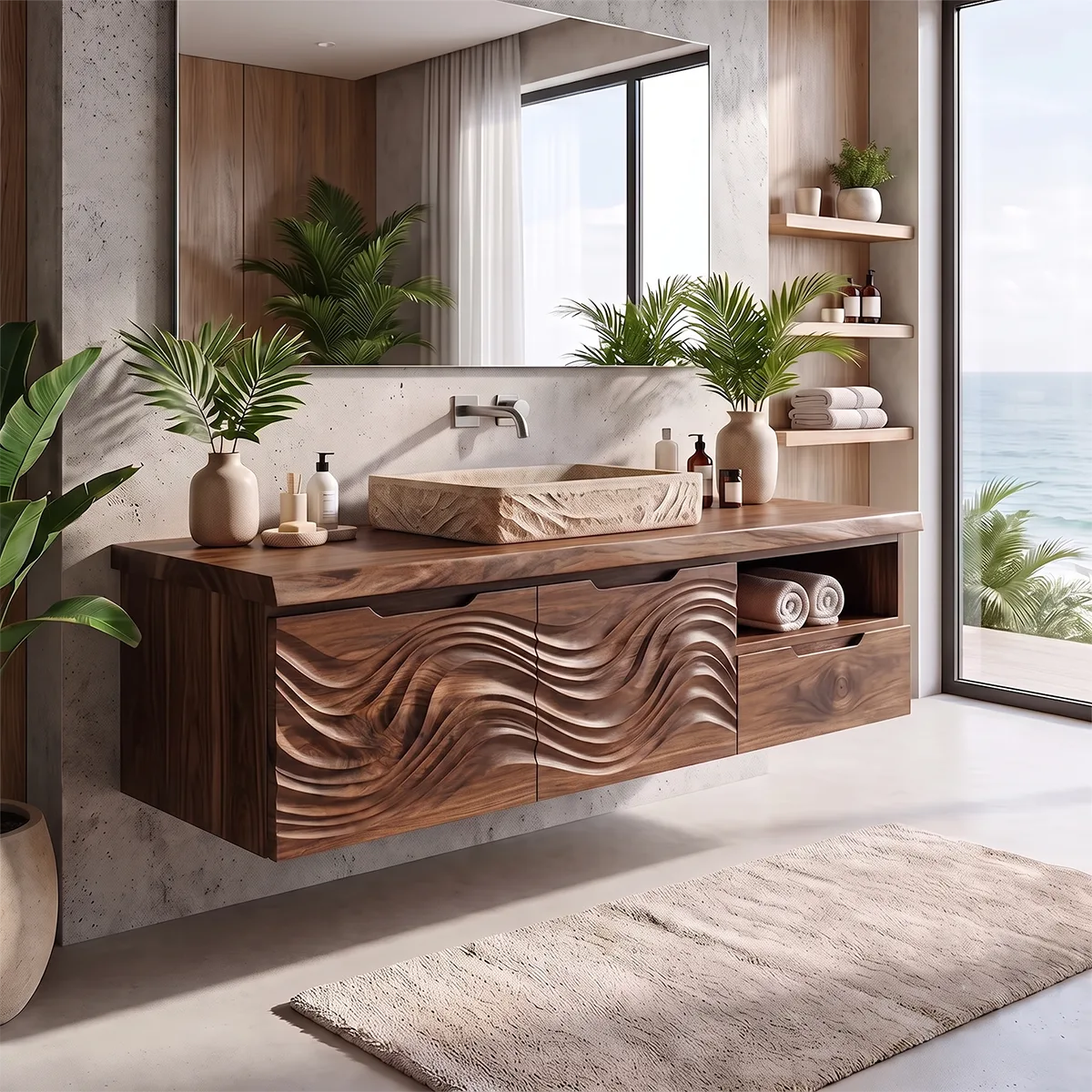 Modern Floating Bathroom Vanity with Wave Carved Cabinet, Open Shelf & Storage Drawer TH003-1MBE1JF
