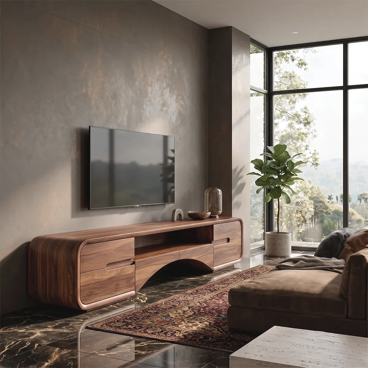 Modern TV Stand with 4 Cabinets & Open Shelves | Organic Media Console TH003-2UWX3PR