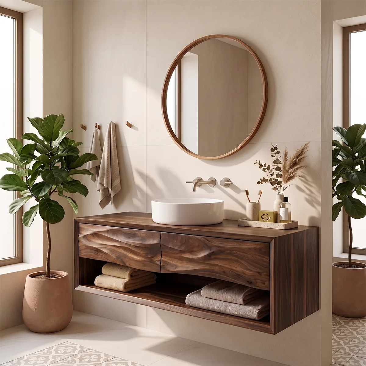Floating Bathroom Vanity with 2 Sculpted Wave Drawers & Large Open Storage Shelf