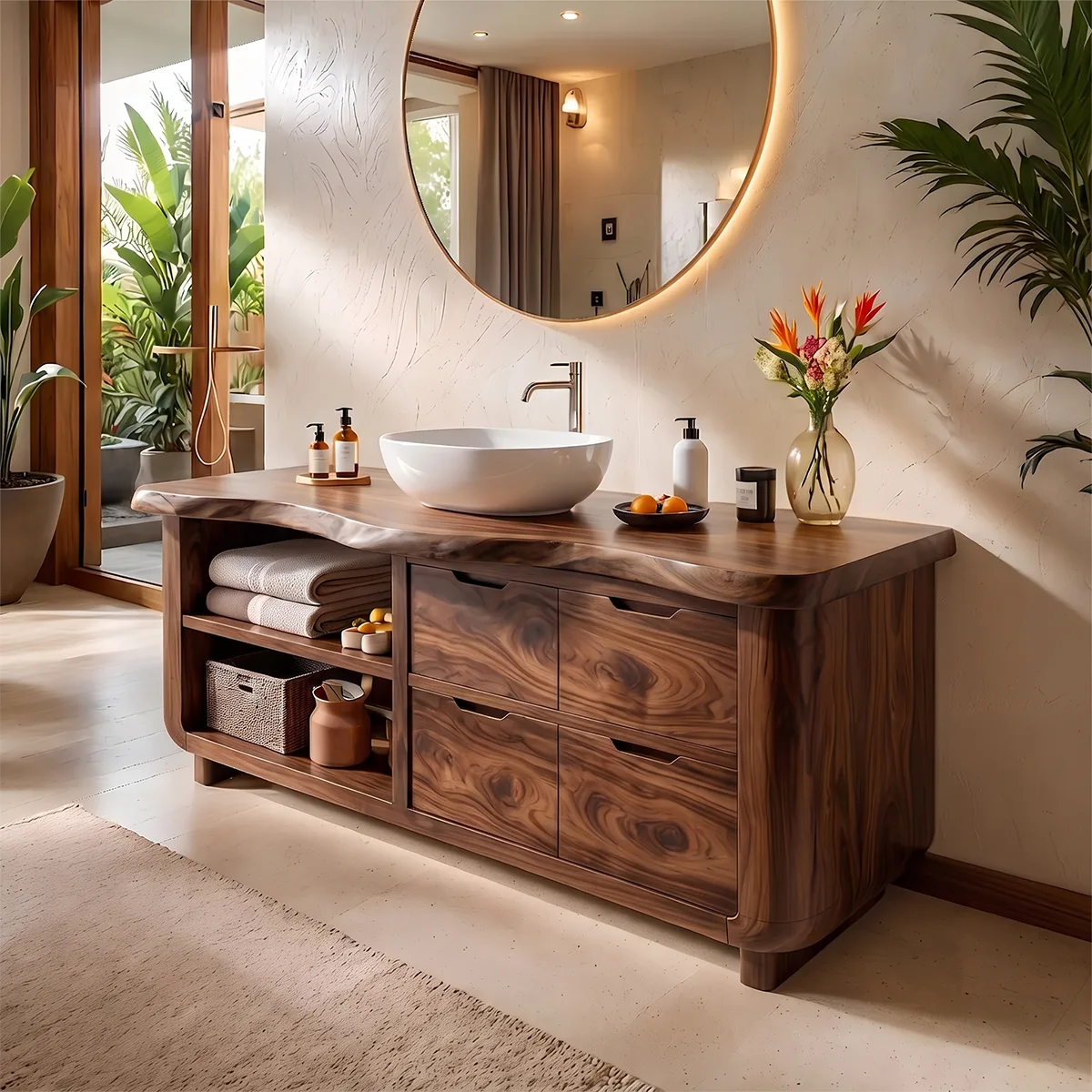 Organic Live Edge Bathroom Vanity with Open Shelving & Storage Drawers TH003-2XFK6JI