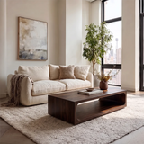 Modern Rectangular Coffee Table with Open Shelf | Rounded Sculptural Design