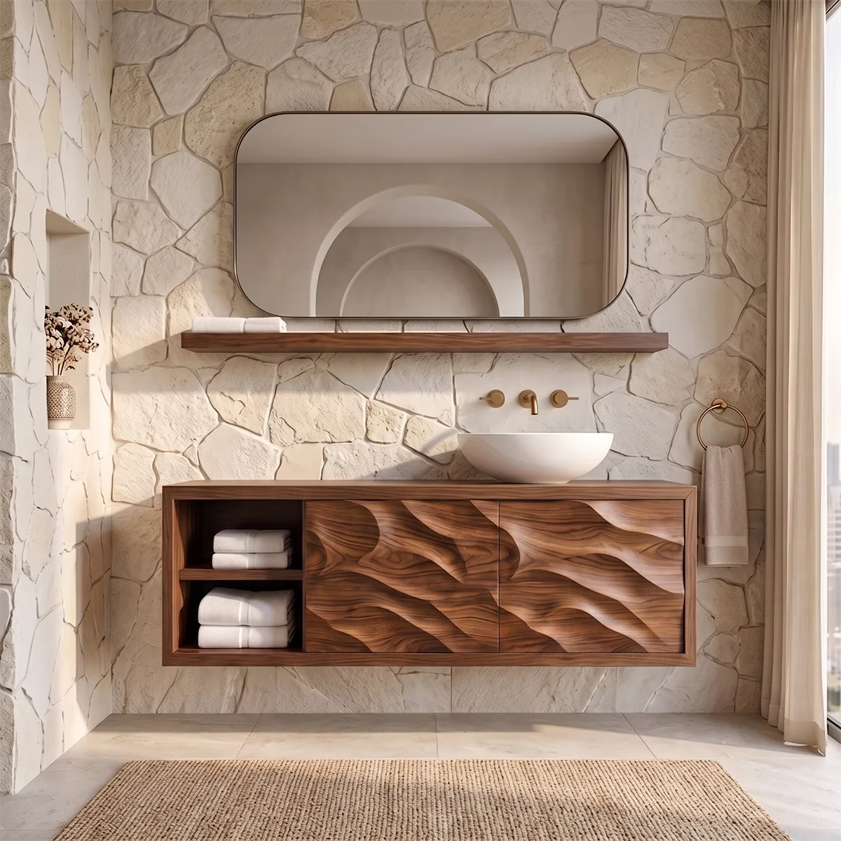 Modern Floating Bathroom Vanity with Sculpted Wave Doors | Wall Mounted Vanity Cabinet TH003-9UNQ5XS