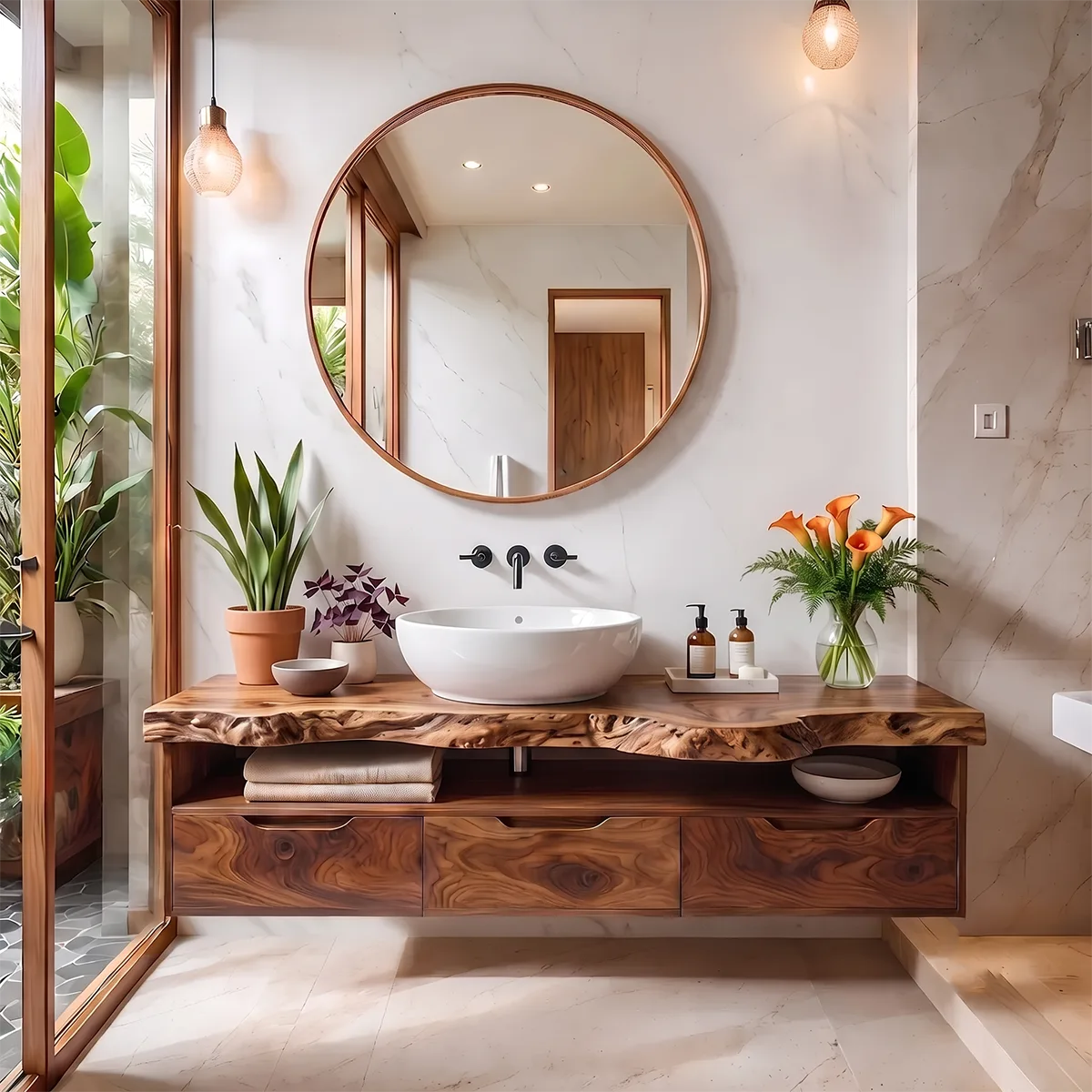 Organic Live Edge Floating Bathroom Vanity with Open Shelf & Drawers TH003-7JMQ3EG