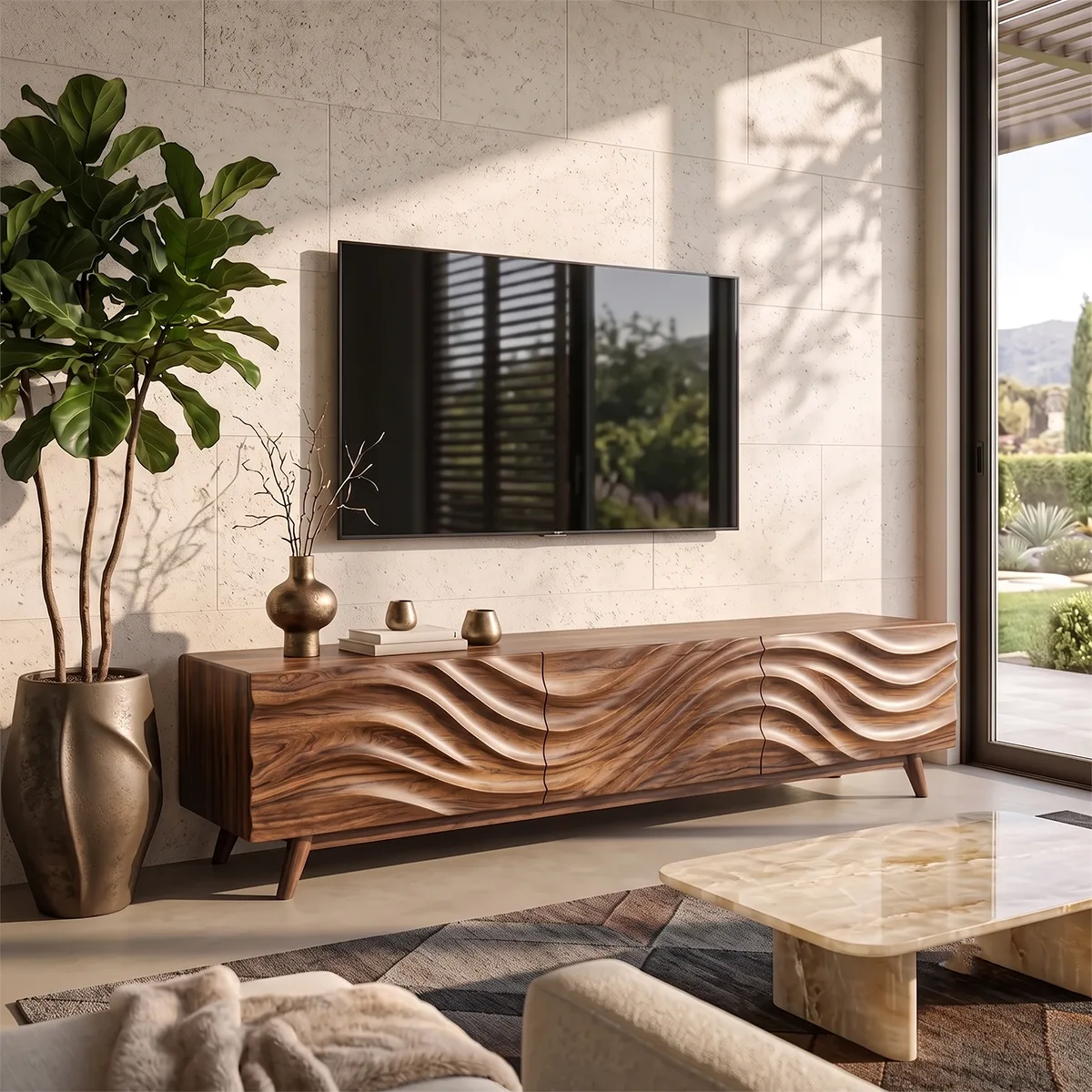 Modern Wave Front TV Stand with Dual Cabinets & Center Drawer | Contemporary Media Console TH003-9IBA7YN