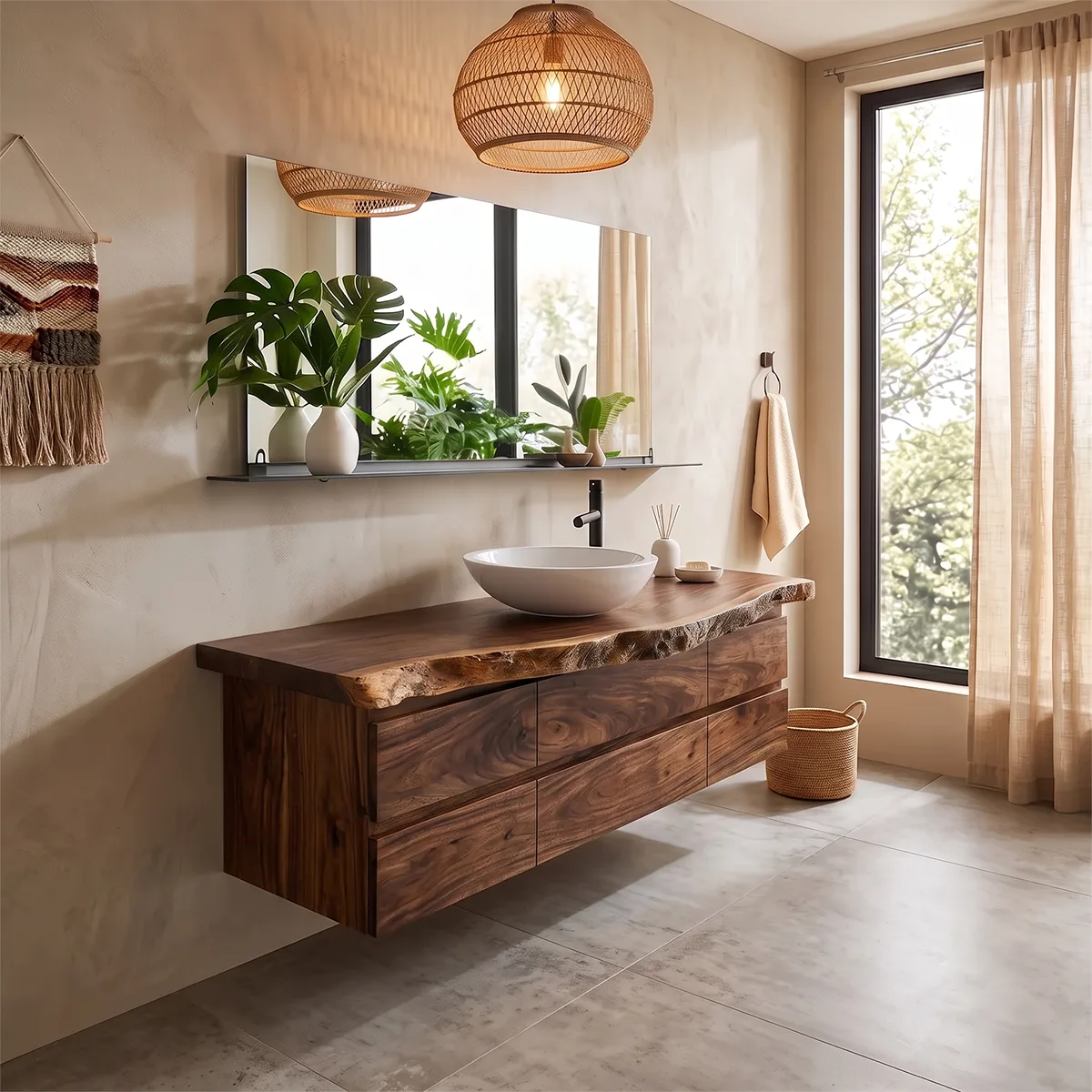 Live Edge Floating Bathroom Vanity with 6 Drawers | Modern Wall Mounted Bathroom Cabinet